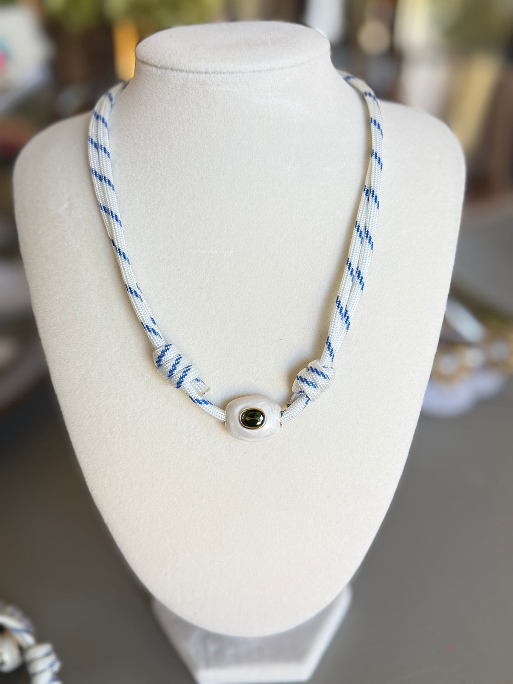 The Gemma - Blue Striped Cord + White/Peridot Enamel Stone