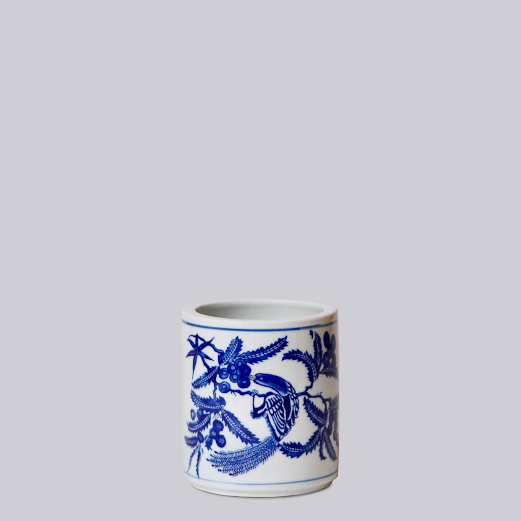Small Cachepot -  Blue and White Porcelain Bird and Flower