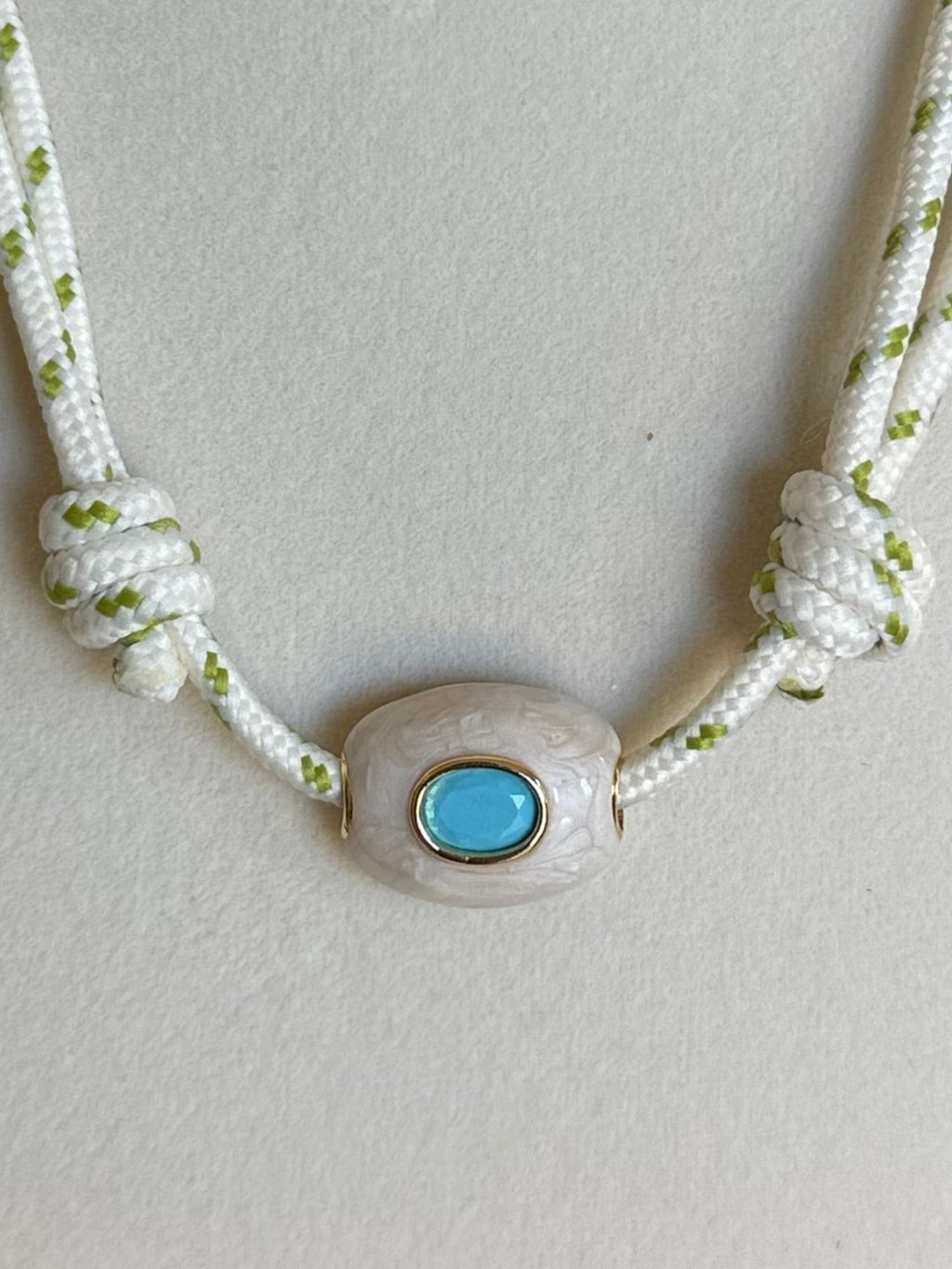 The Gemma - Green Striped Cord + White/Turquoise Enamel Stone