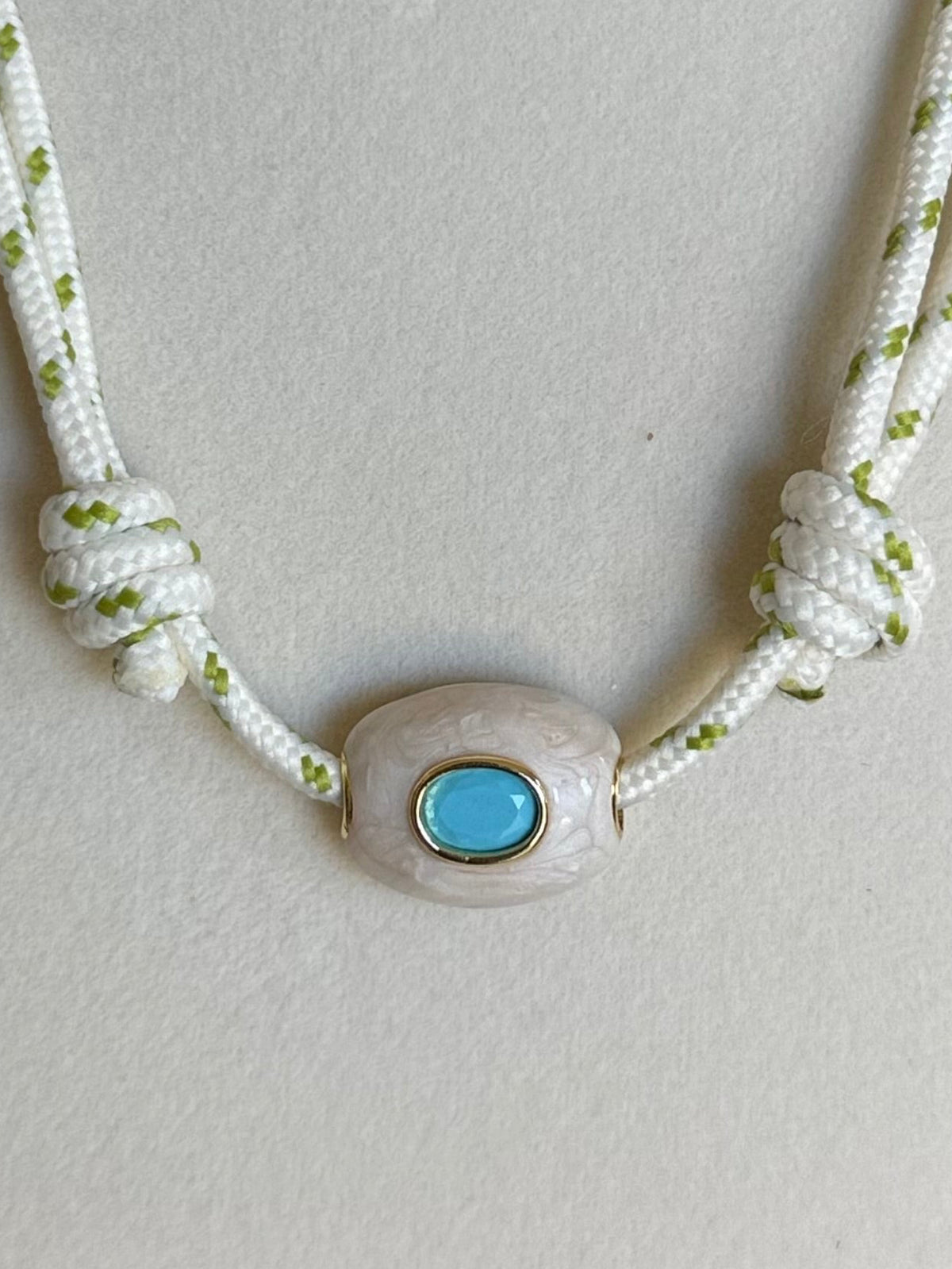The Gemma - Green Striped Cord + White/Turquoise Enamel Stone
