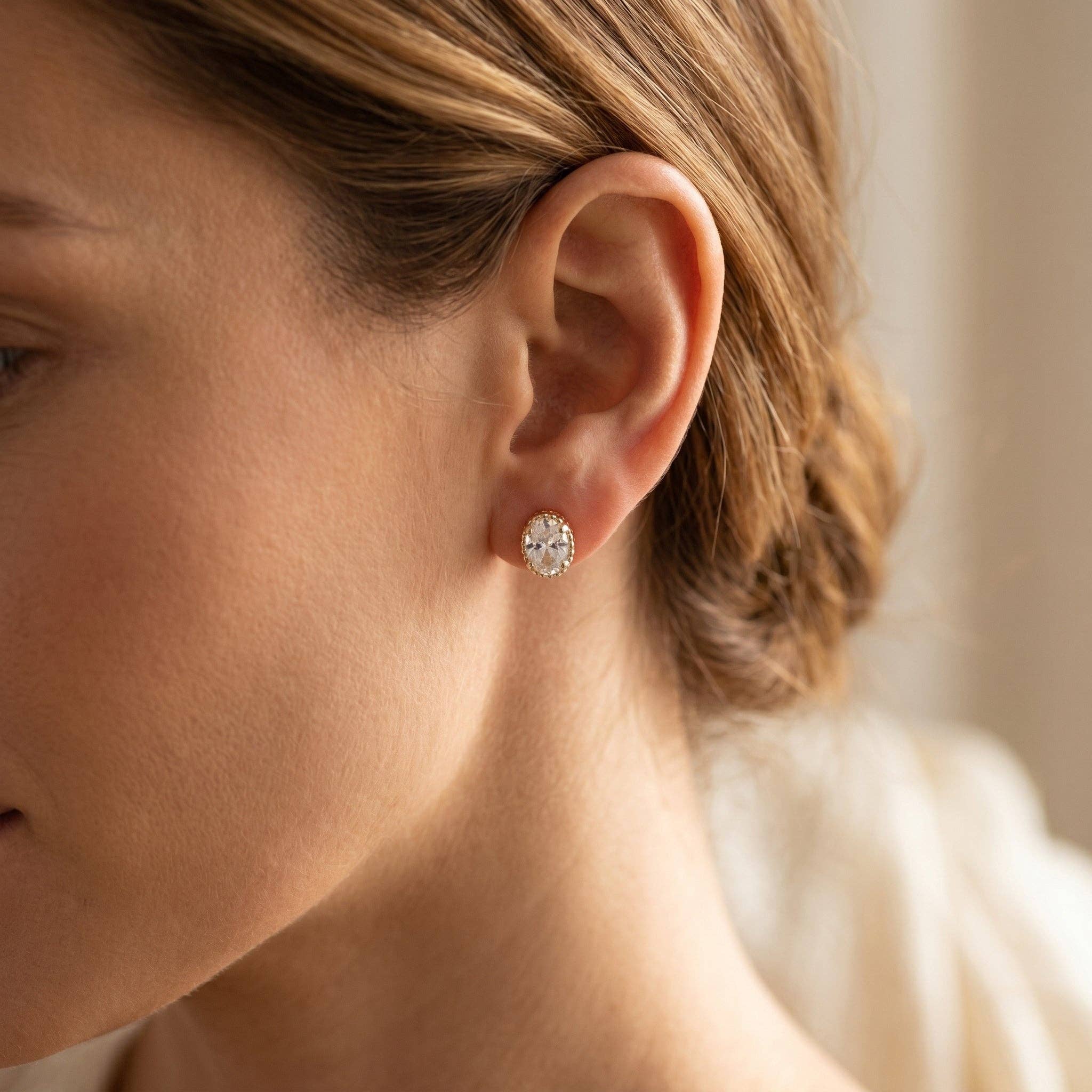 Bessie - Oval CZ Stud Earrings- 18k Gold Filled
