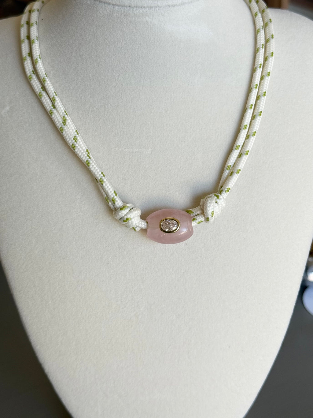 The Gemma - Green White Cord + Pink gemstone