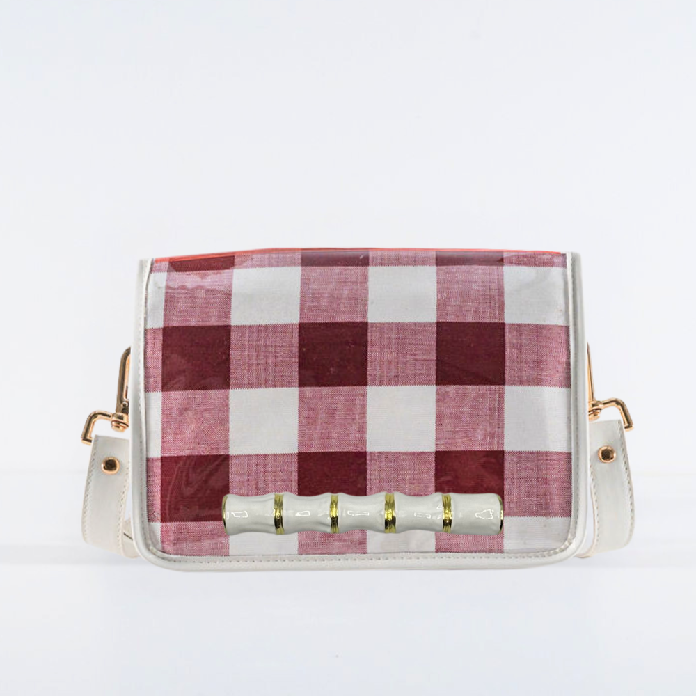 Crimson Buffalo Check Clear Stadium Bag with White Bamboo Stick