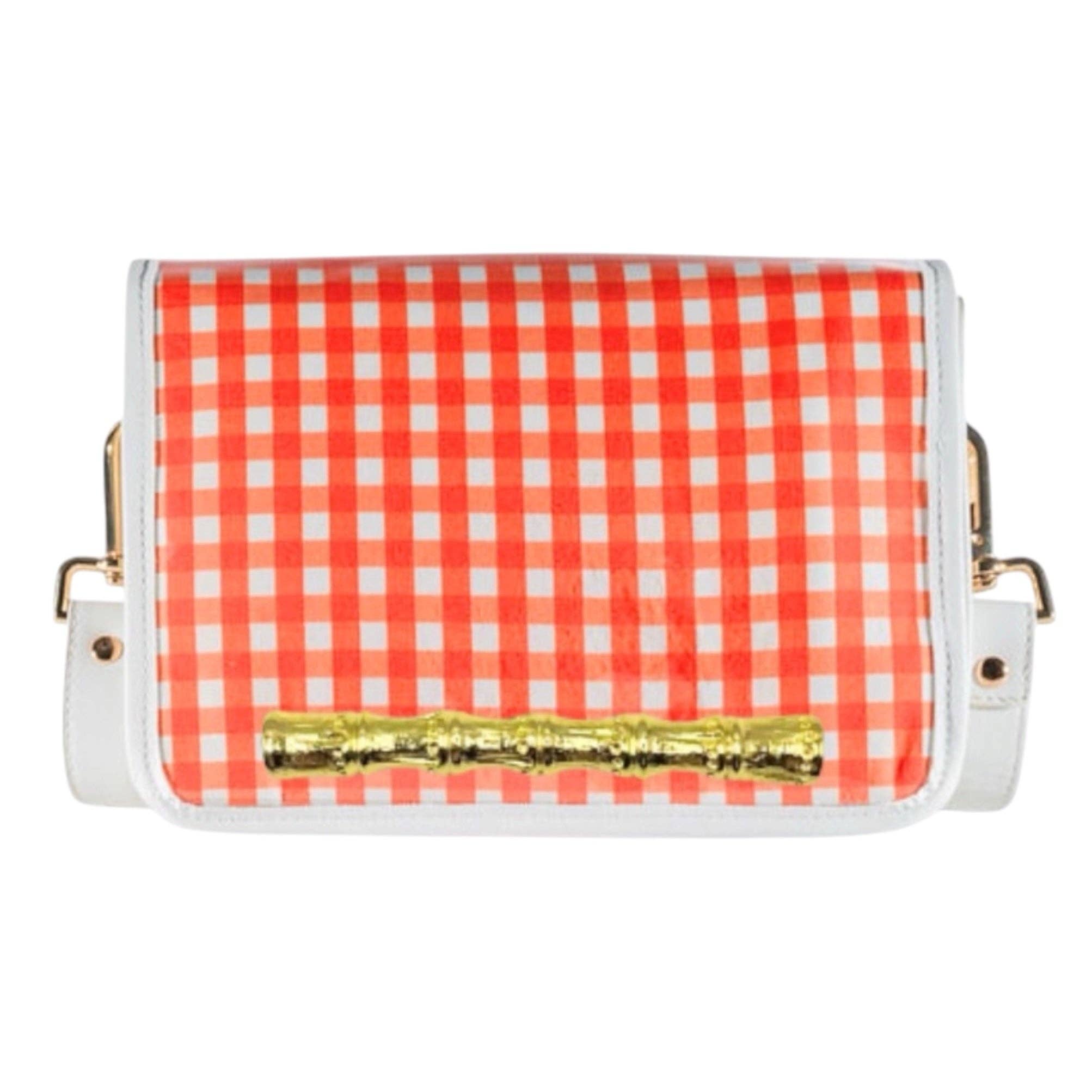Orange Gingham Clear Stadium Bag with Gold Bamboo Stick