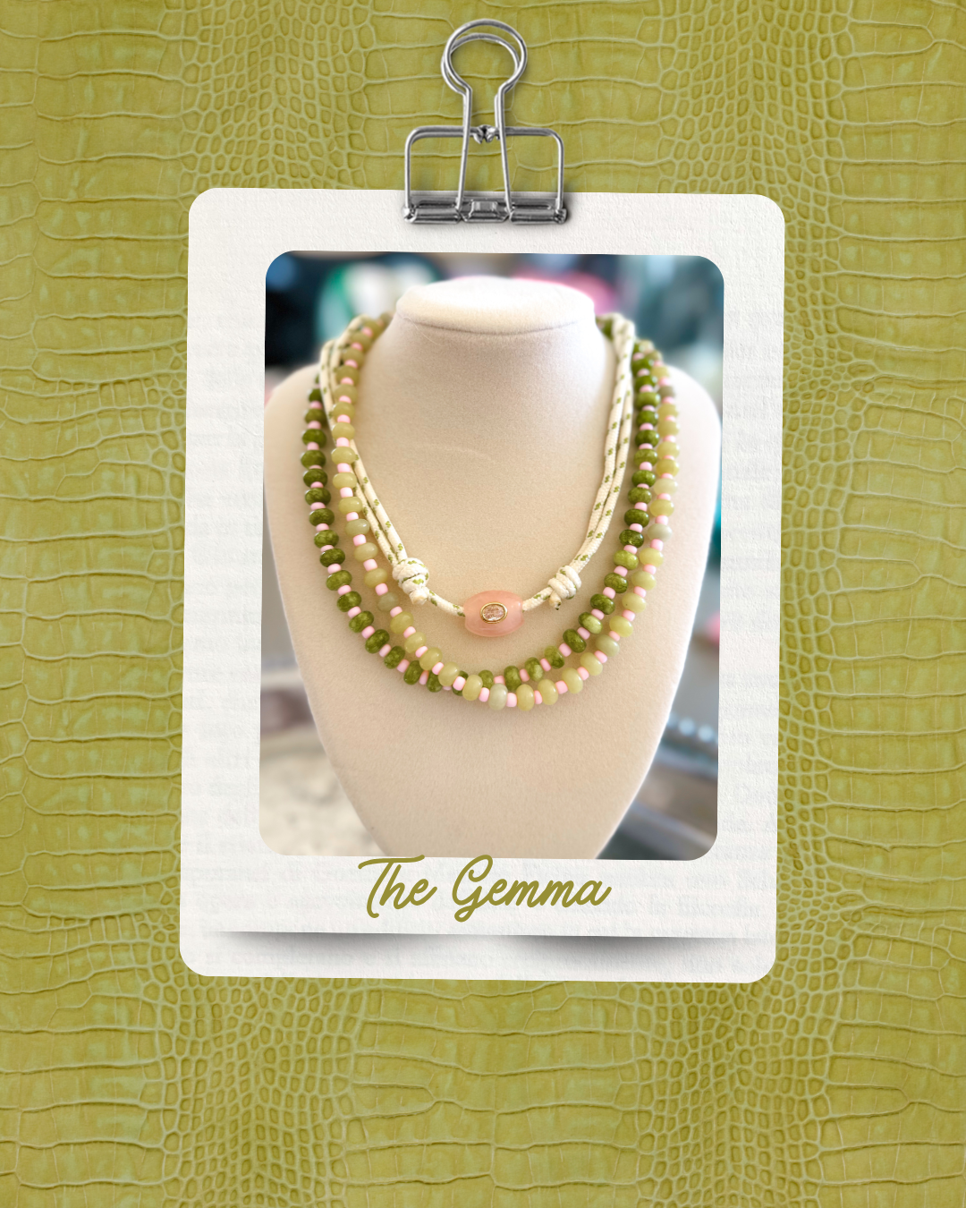 The Gemma - Green White Cord + Pink gemstone