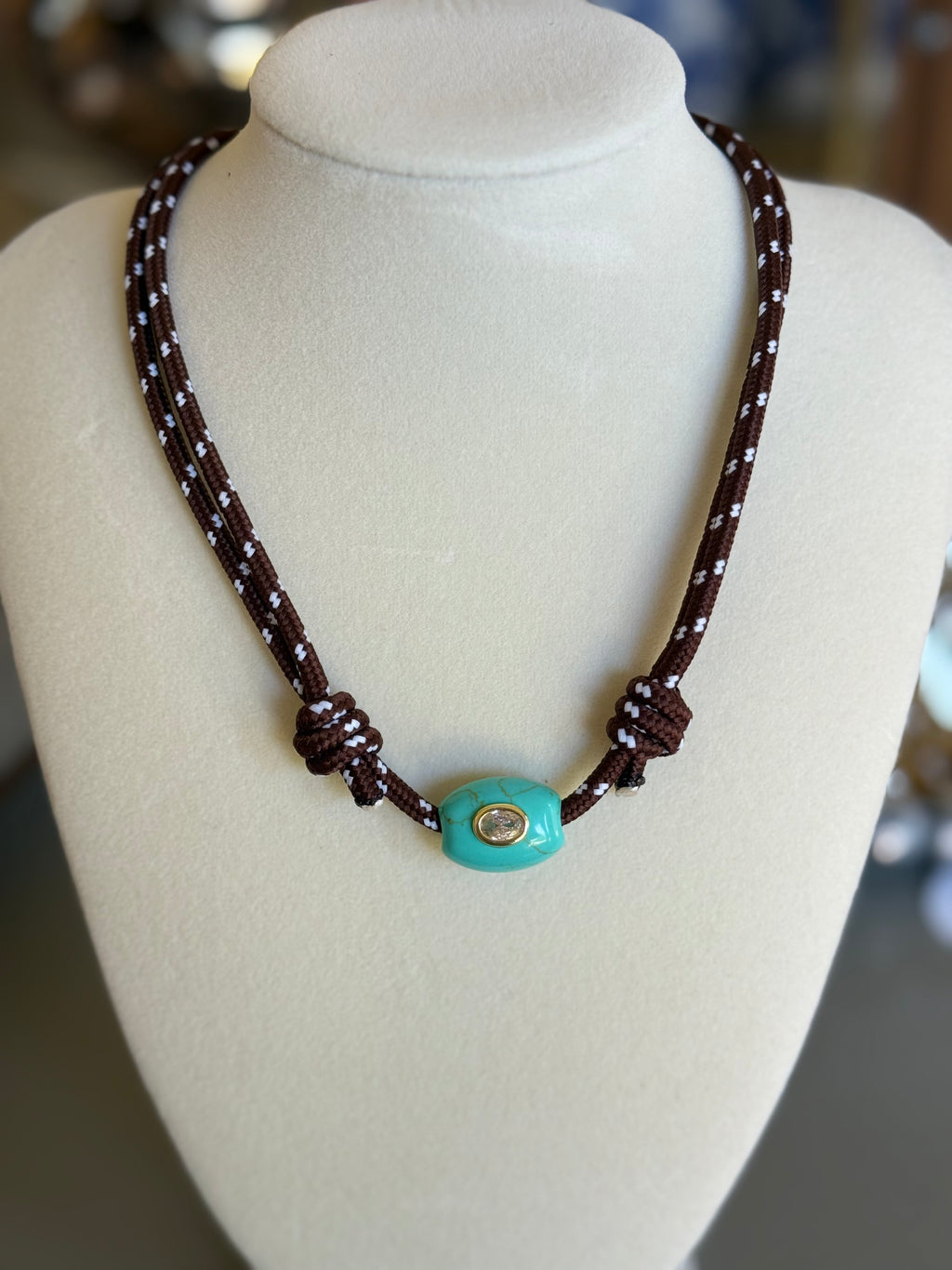 The Gemma - Brown White Cord + Turquoise gemstone