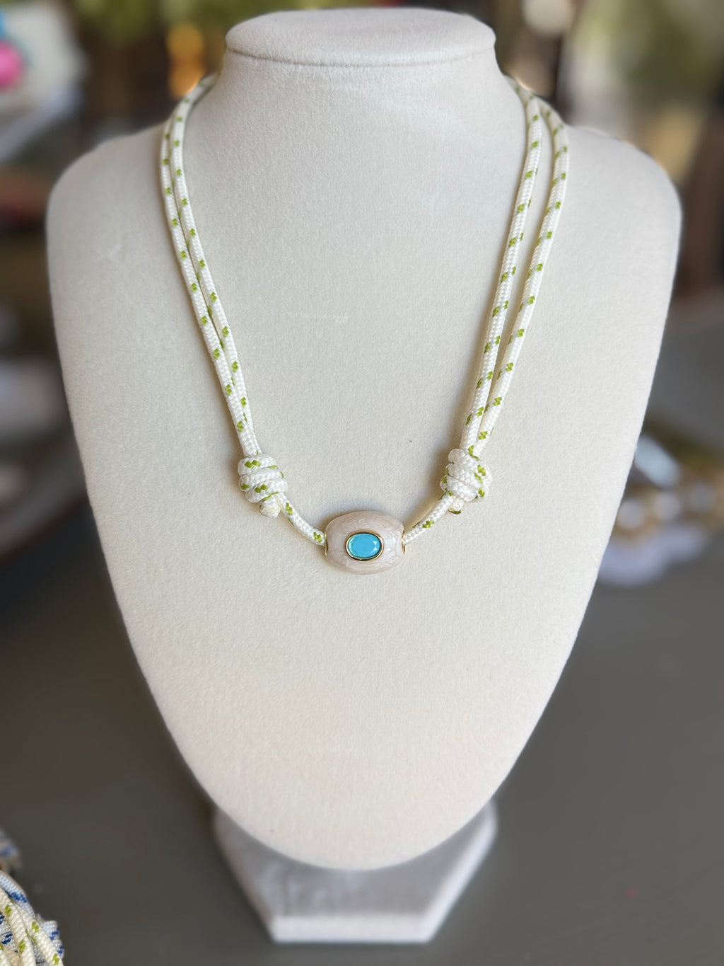 The Gemma - Green Striped Cord + White/Turquoise Enamel Stone