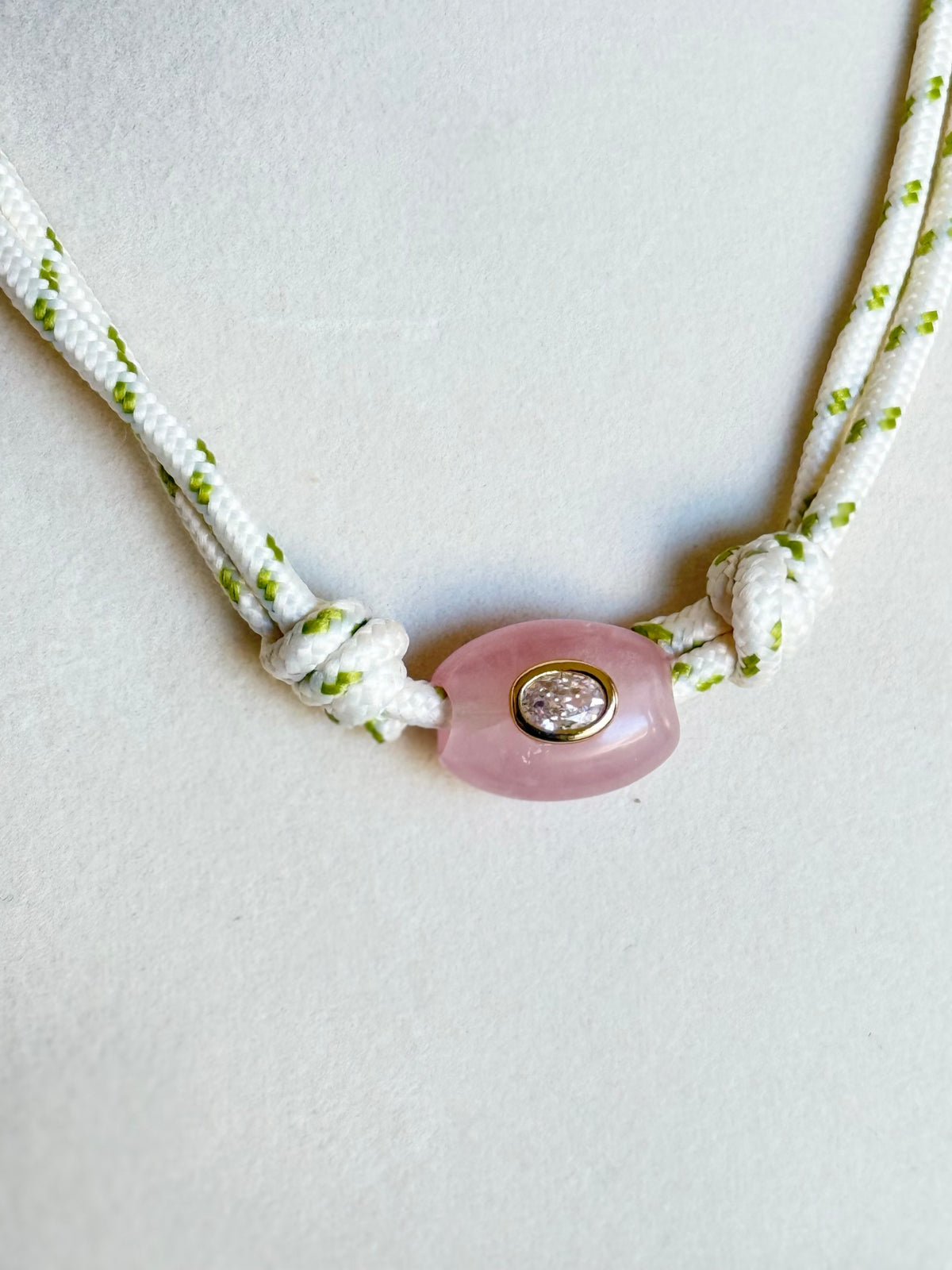 The Gemma - Green White Cord + Pink gemstone