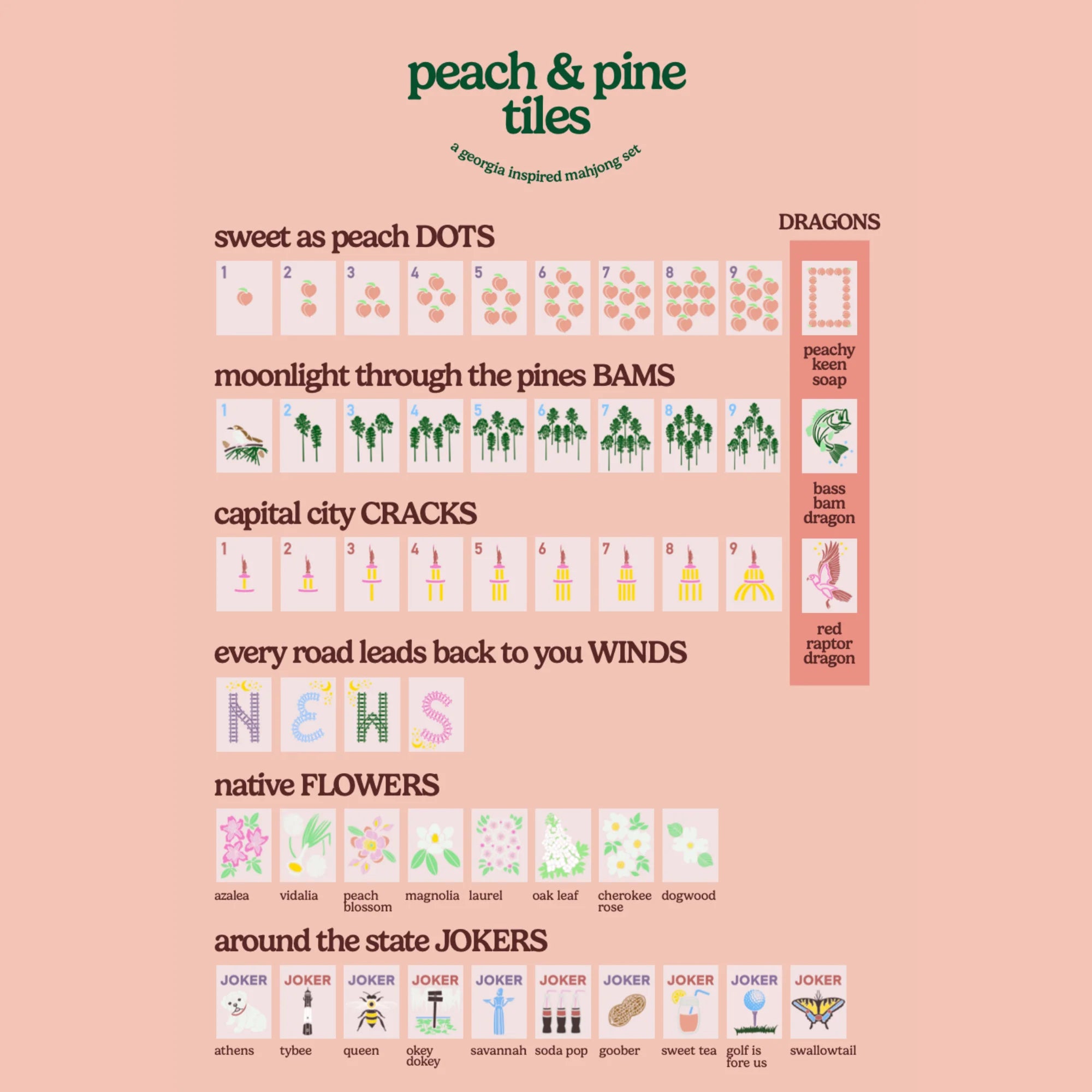Mahjong Tile Set - Middle and Main Peach and Pine Tiles - A Georgia Inspired Mahjong Tile Set