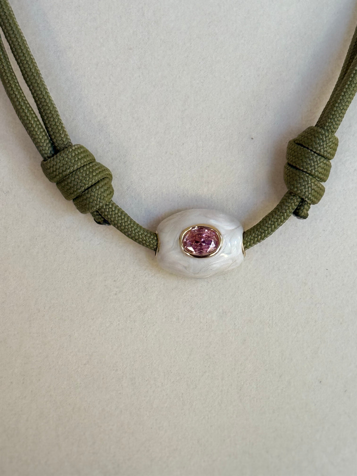 The Gemma - Green Cord + White/Pink Enamel Stone