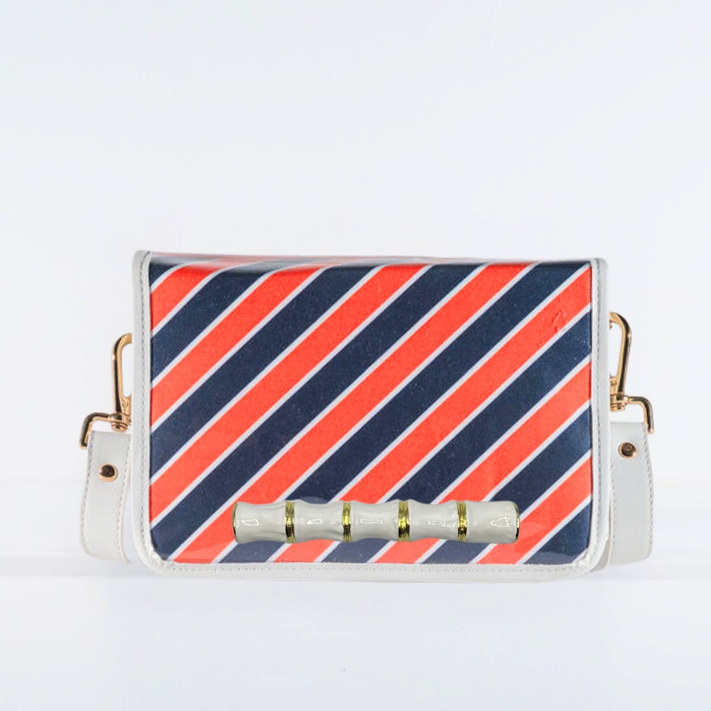 Orange and Navy Stripe Clear Stadium Bag with White Bamboo Stick